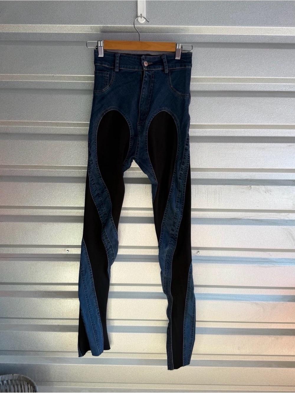 Mugler split two-tone high-waisted jeans